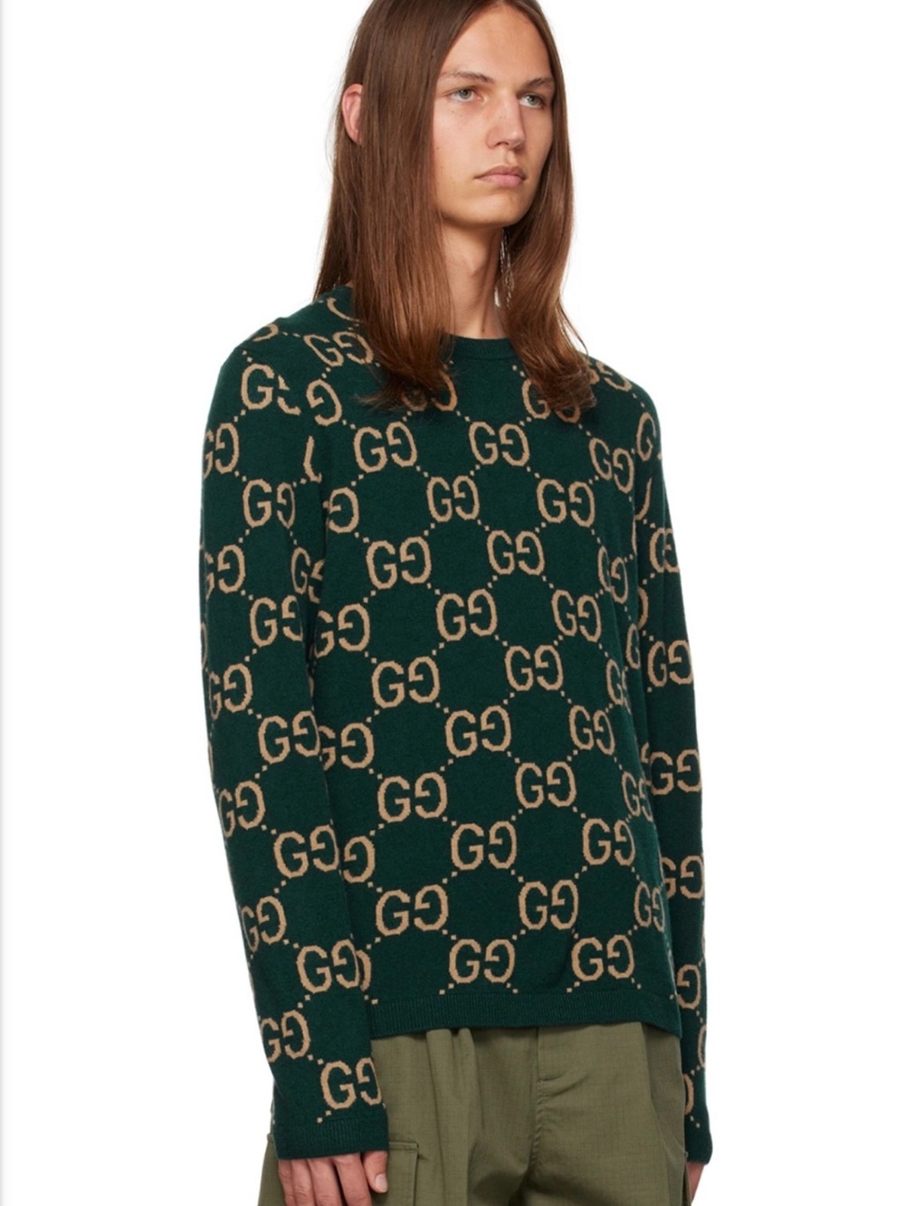 Gucci GG Monogram Wool Knit Sweater Green Tan NWT Men’s S